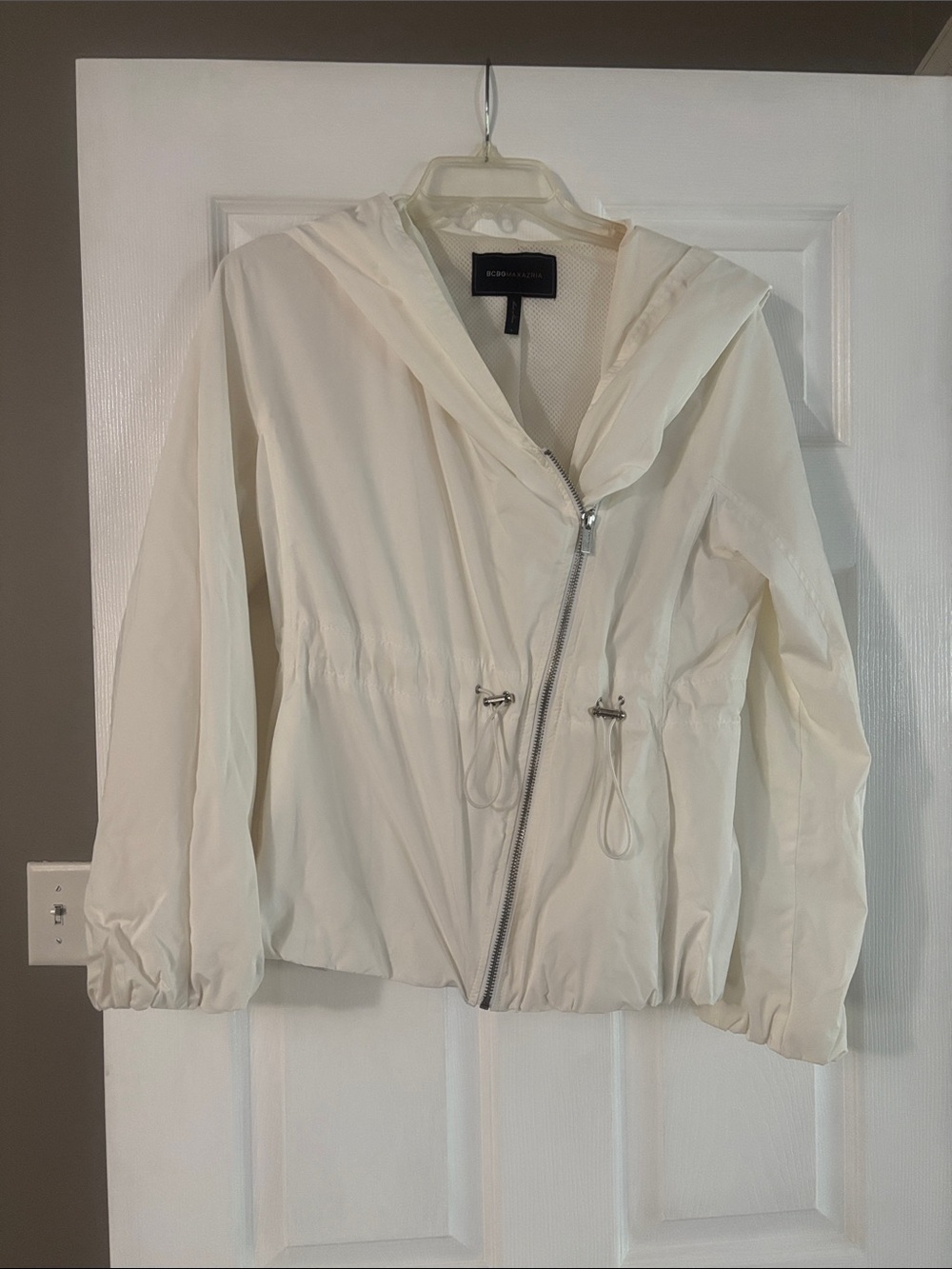 BCBGMaxAzria Cream Hooded Utility Jacket with Asymmetrical Zip